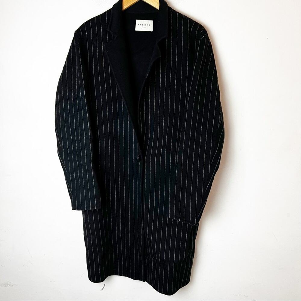 SZ 40 SANDRO Longline Wool Felt Coat in Black W Stripe